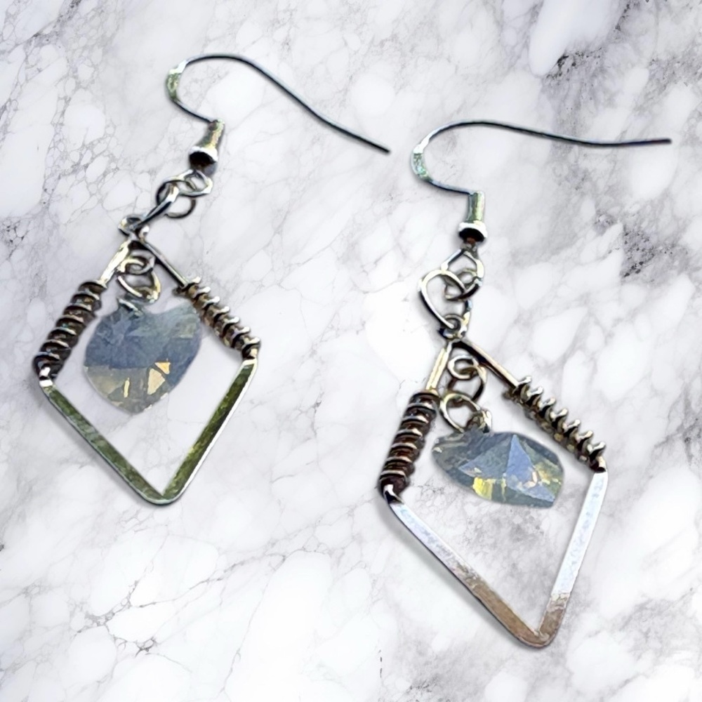Hand Crafted Sterling Silver Swarovski Heart Earrings Long Dangle Pirced - Picture 2 of 7